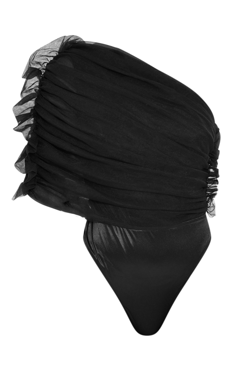 Black Sheer Ruffle One Shoulder Bodysuit