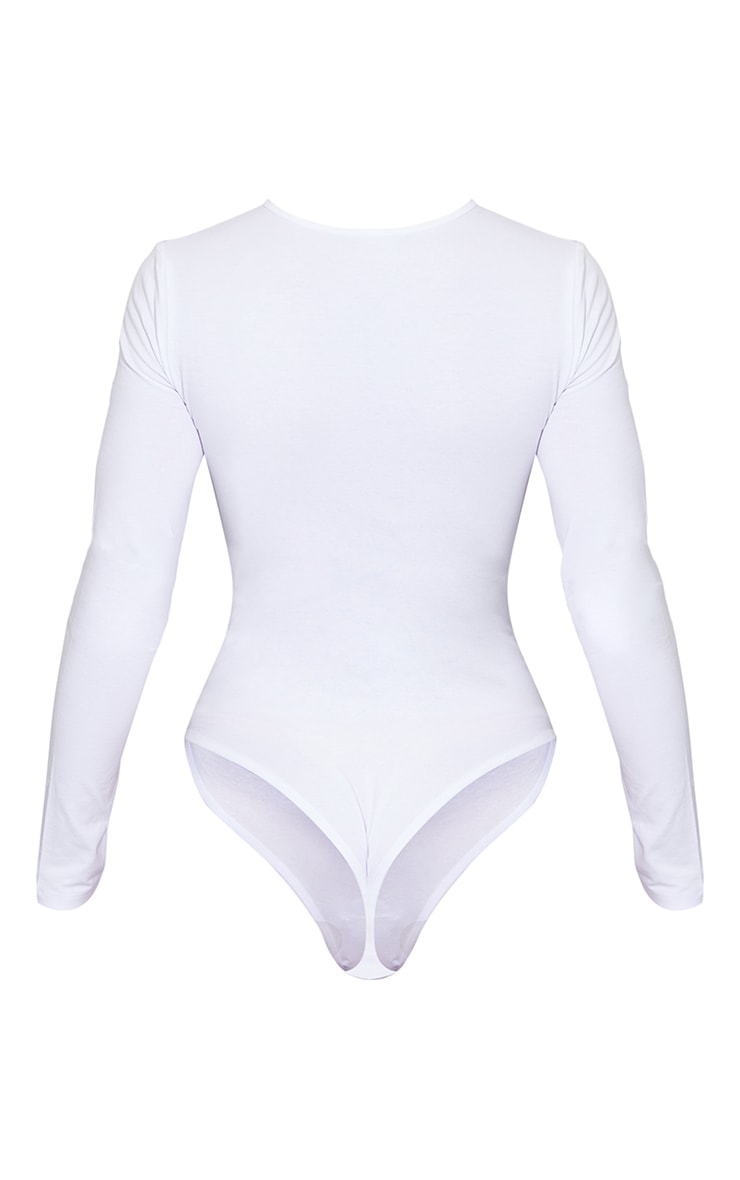 Basic White Cotton Blend V Neck Long Sleeve Bodysuit