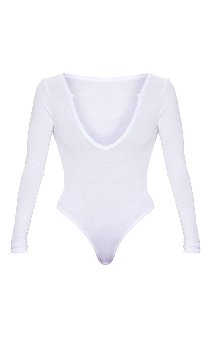 Basic White Cotton Blend Plunge Long Sleeve Bodysuit