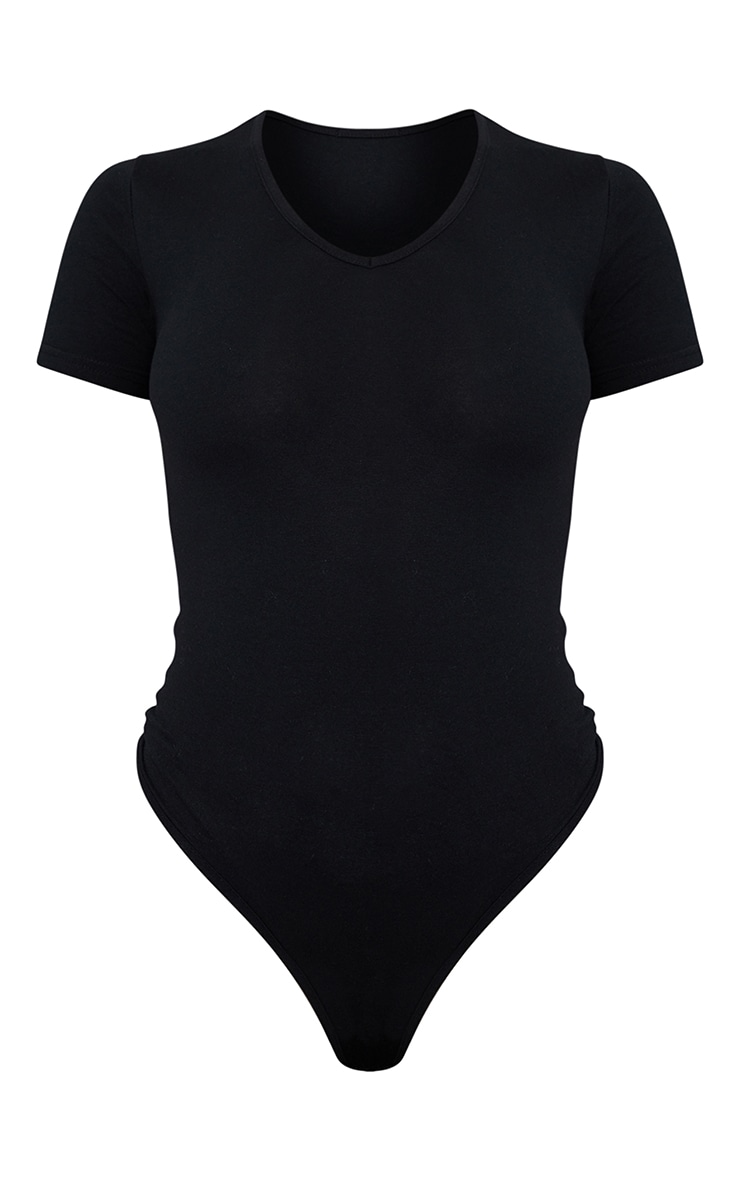 Basic Black Cotton Blend V Neck Shortsleeve Bodysuit