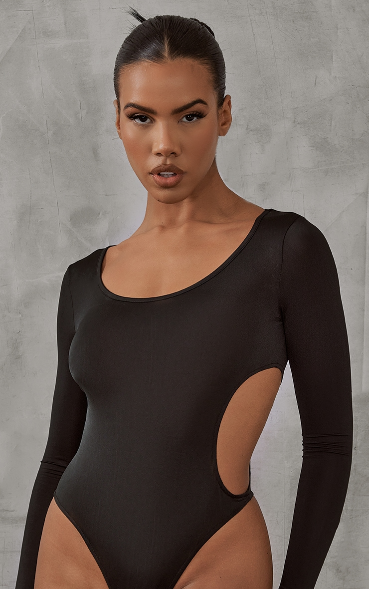 Black Slinky Cut Out Side Long Sleeve Bodysuit