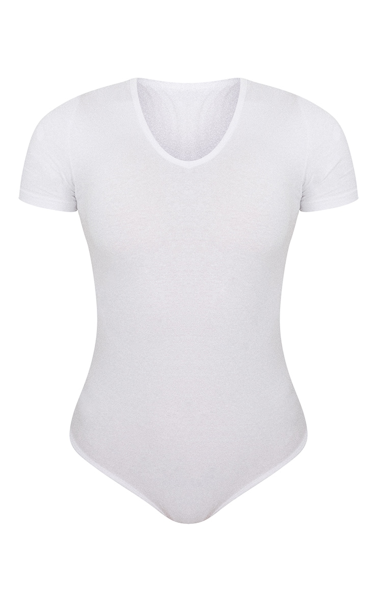Basic White Cotton Blend V Neck Short Sleeve Bodysuit