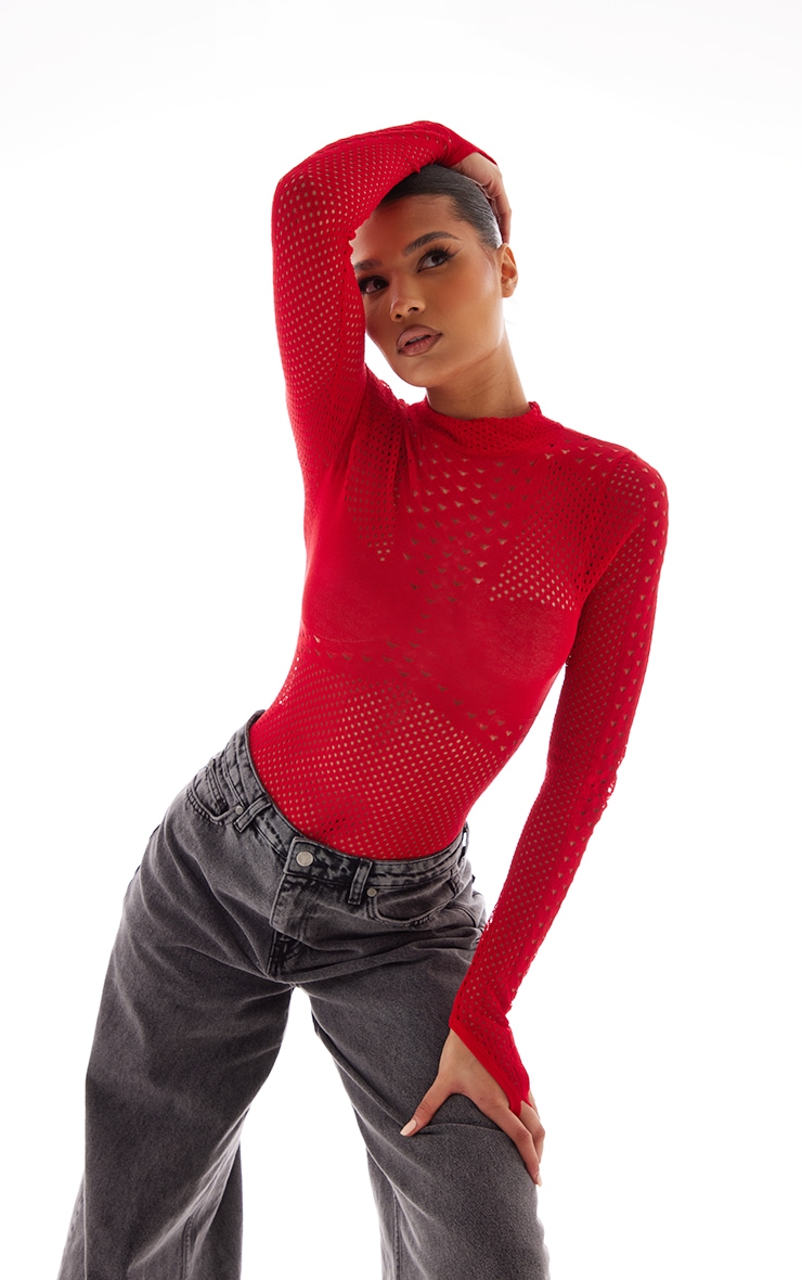 Red Heart Cut Out Sheer Knit Contrast Panel Bodysuit