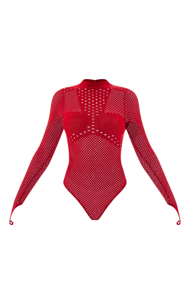 Red Heart Cut Out Sheer Knit Contrast Panel Bodysuit