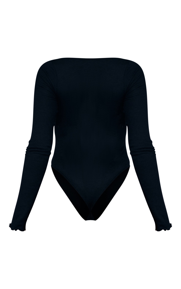 Black Rib Asymmetric Cut Out Long Sleeve Bodysuit