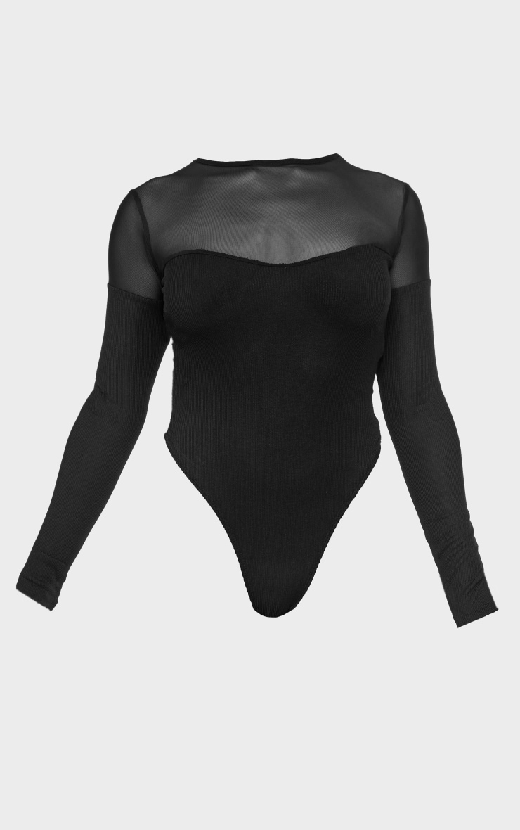 Black Rib Mesh Conrast Long Sleeve Bodysuit