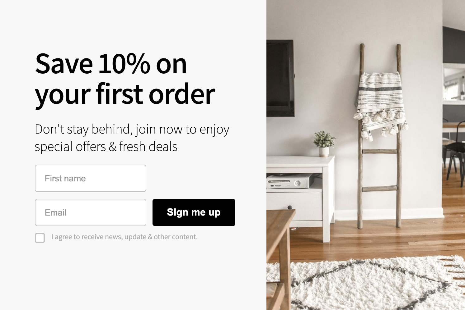 Free 10% discount on first order promotion popup