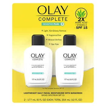 Kem dưỡng ẩm hoàn chỉnh Olay với SPF 15 dành cho da nhạy cảm, 6,0 fl oz 2 gói