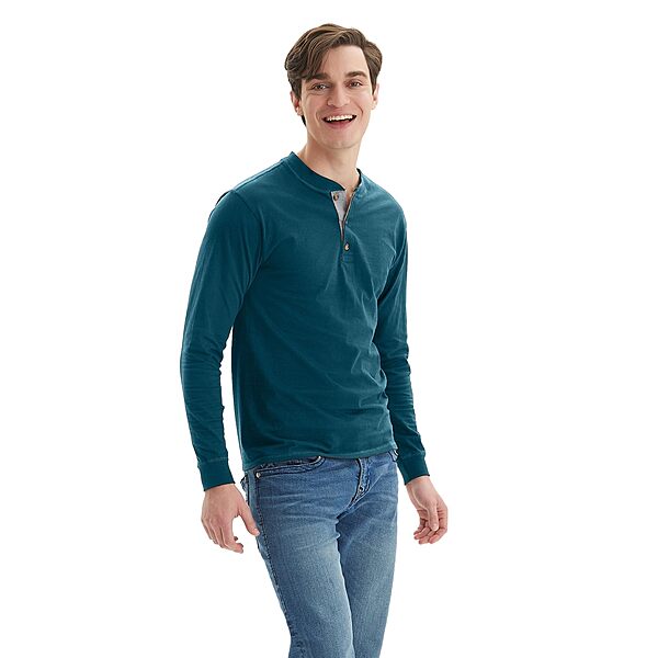 Hanes Men's Beefy-T Henley Cotton Sleeve Shirt (Sắc răng hay Hải quân Heather)