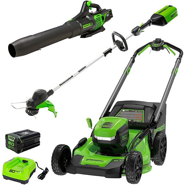 Greenworks Máy cắt cỏ 21" 80V, Máy xén dây 13", Máy thổi, Pin 4Ah và Bộ sạc