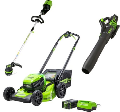 Greenworks Máy cắt cỏ 21" 80V, Máy xén dây 13", Máy thổi, Pin/Bộ sạc 4Ah + 2Ah