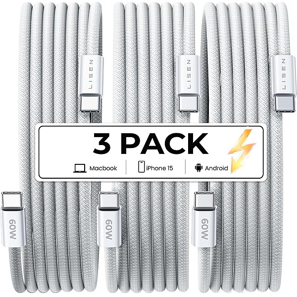 3-Pack LISEN 6.6' 60W USB-C to USB-C Charger Cables