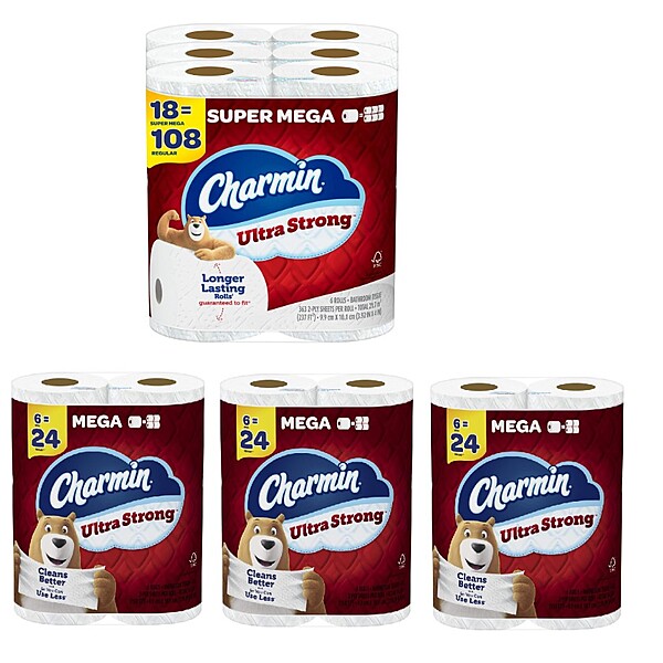 Charmin Ultra Strong: Cuộn Super Mega 18-Ct + Cuộn Mega 18-Ct + Tín dụng Amazon $15