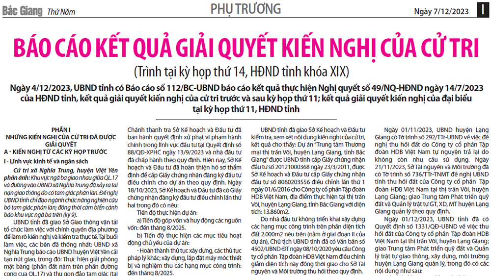 Báo cáo kết quả giải quyết kiến nghị của cử tri trình tại kỳ họp thứ 14, HĐND tỉnh Bắc Giang