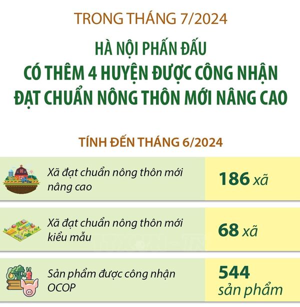 Trong tháng 7/2024: Hà Nội phấn đấu có thêm 4 huyện được công nhận đạt chuẩn nông thôn mới nâng cao