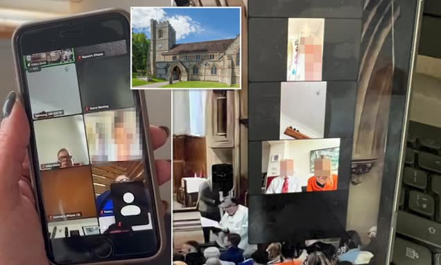 Moment businesswoman accidentally bares all at funeral by Zoom broadcasting herself naked to a church packed with mourners