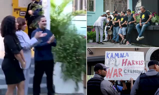 Whoops! Embarrassing moment US vice president Kamala Harris claps along and smiles to protest in Puerto Rico (before she is told what they were ACTUALLY singing)