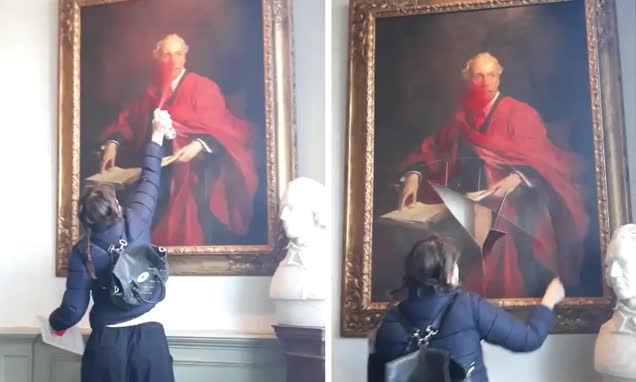 Pro-Palestine activists spray and slash University of Cambridge's historic painting of British statesman Lord Balfour who paved the way for a Jewish state in the Middle East