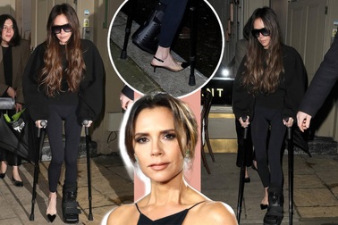 Gãy chân vì tập gym, Victoria Beckham chống nạng và đi giày cao gót