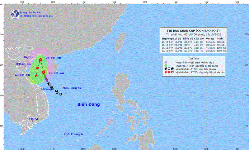 Bão số 5 di chuyển theo hướng Bắc Tây Bắc và tiếp tục mạnh thêm