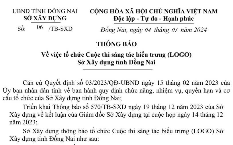 Sở Xây dựng tổ chức thi sáng tác logo, trị giá giải thưởng 50 triệu đồng