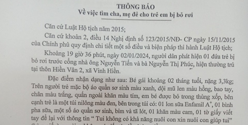 Tìm cha, mẹ đẻ cho bé gái bị bỏ rơi tại xã Vinh Hiền