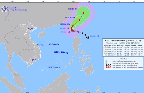 Bão số 5 mạnh cấp 16, di chuyển theo hướng Tây Tây Bắc