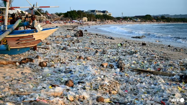 Trash tidal wave coats normally pristine Bali beach