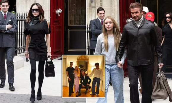 Victoria sành điệu trong chiếc váy đen rời khỏi Paris, chồng David Beckham nắm tay con gái Harper đi theo sau