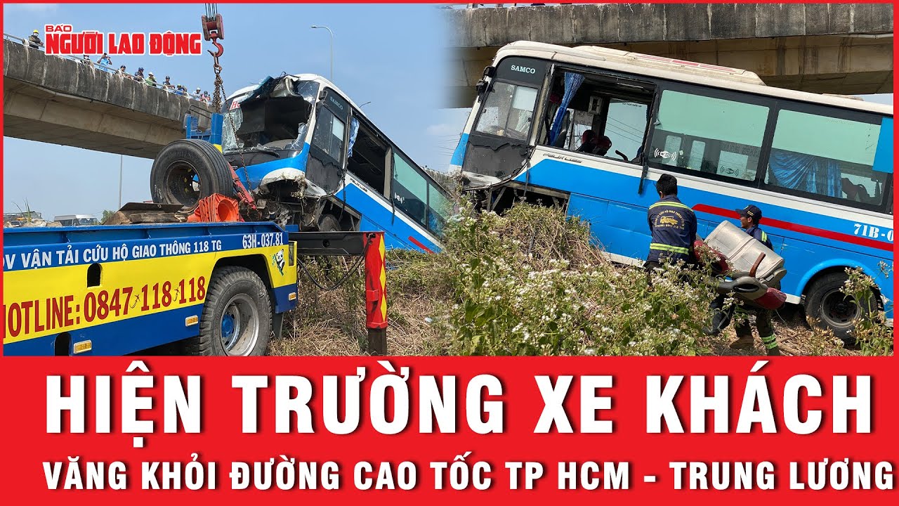 Hiện trường xe khách văng khỏi đường cao tốc TP HCM - Trung Lương | Báo Người Lao Động