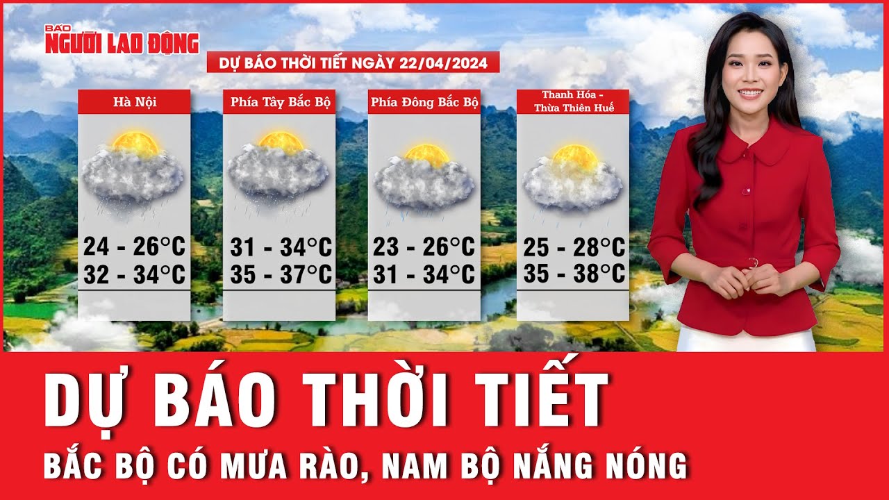 Dự báo thời tiết 22-4: Bắc Bộ có mưa rào ở một số địa phương, Trung và Nam bộ tiếp tục nắng nóng