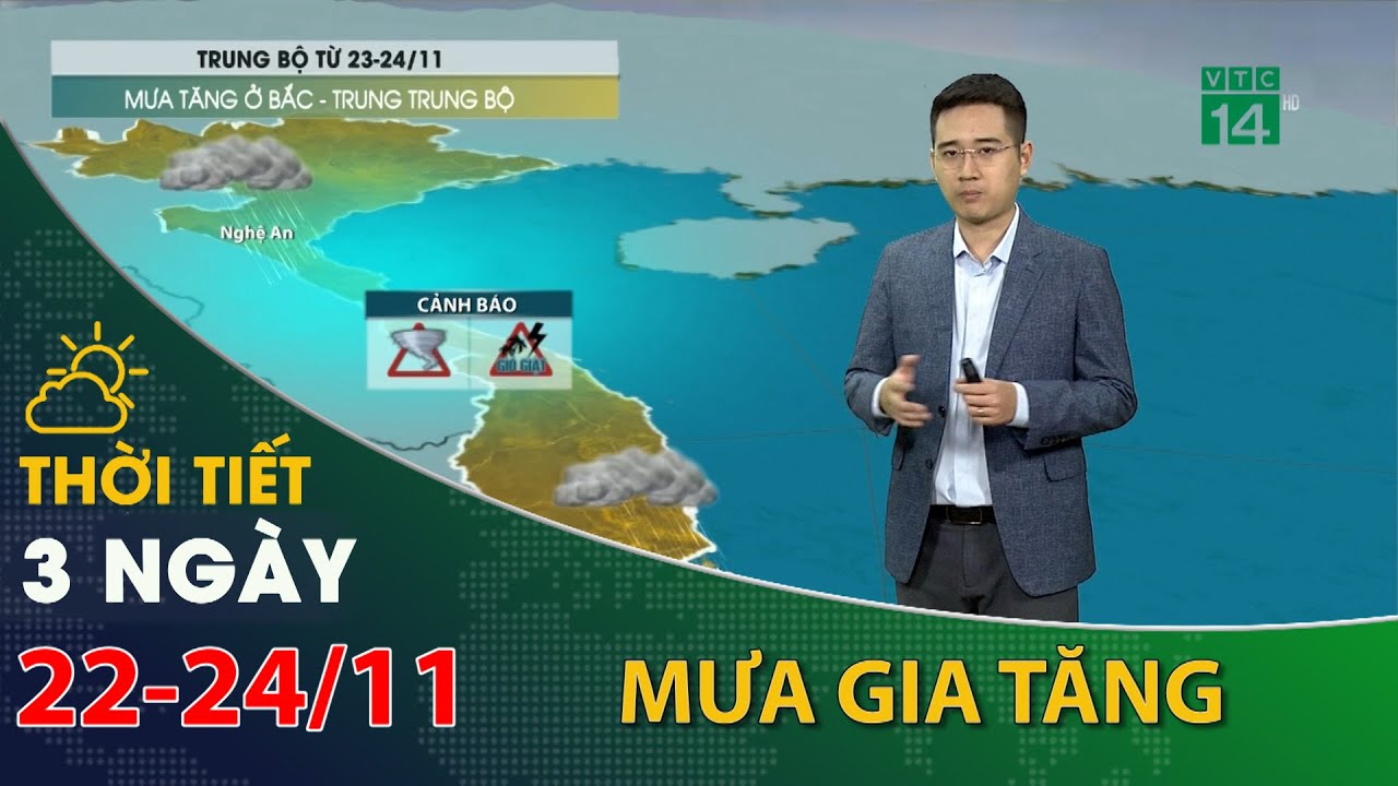 Thời tiết 3 ngày tới (22/11 đến 24/11):Bắc và Trung Trung Bộ, mưa gia tăng| VTC14