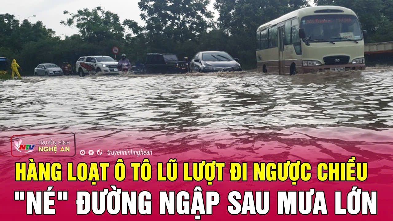 Hà Nội: Hàng loạt ô tô lũ lượt đi ngược chiều "né" đường ngập sau mưa lớn