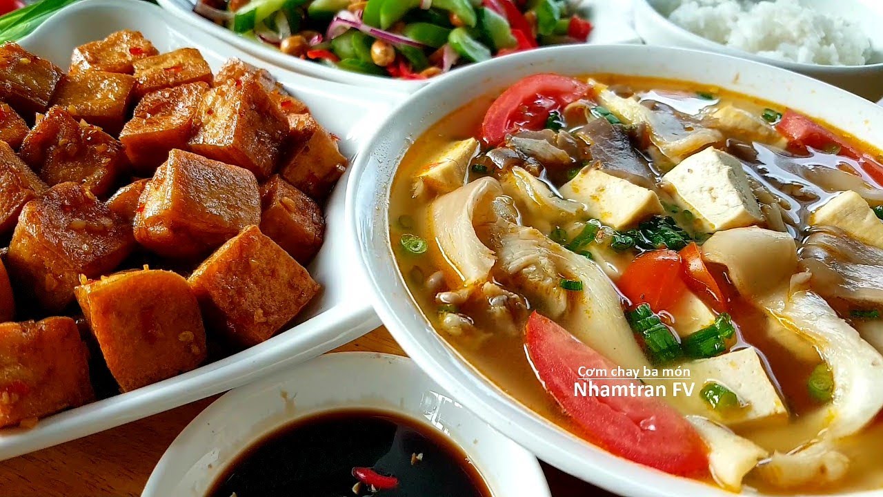 CƠM CHAY BA MÓN Đậu hũ chiên sốt tương canh nấm dưa leo trộn chua ngọt dễ nấu rất ngon |Nhamtran FV