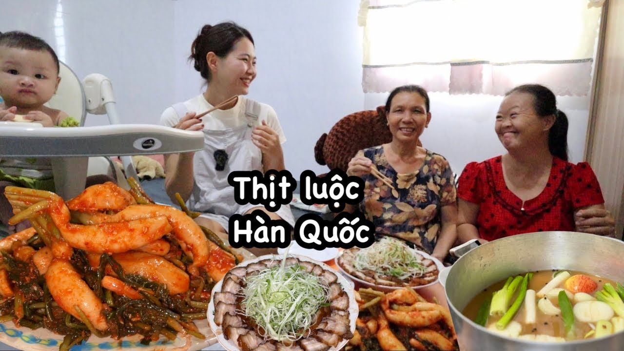 Quyên nấu THỊT LUỘC HÀN QUỐC KIỂU MỚI, hành baro trộn, kim chi củ cải trắng… mẹ khen quài luôn