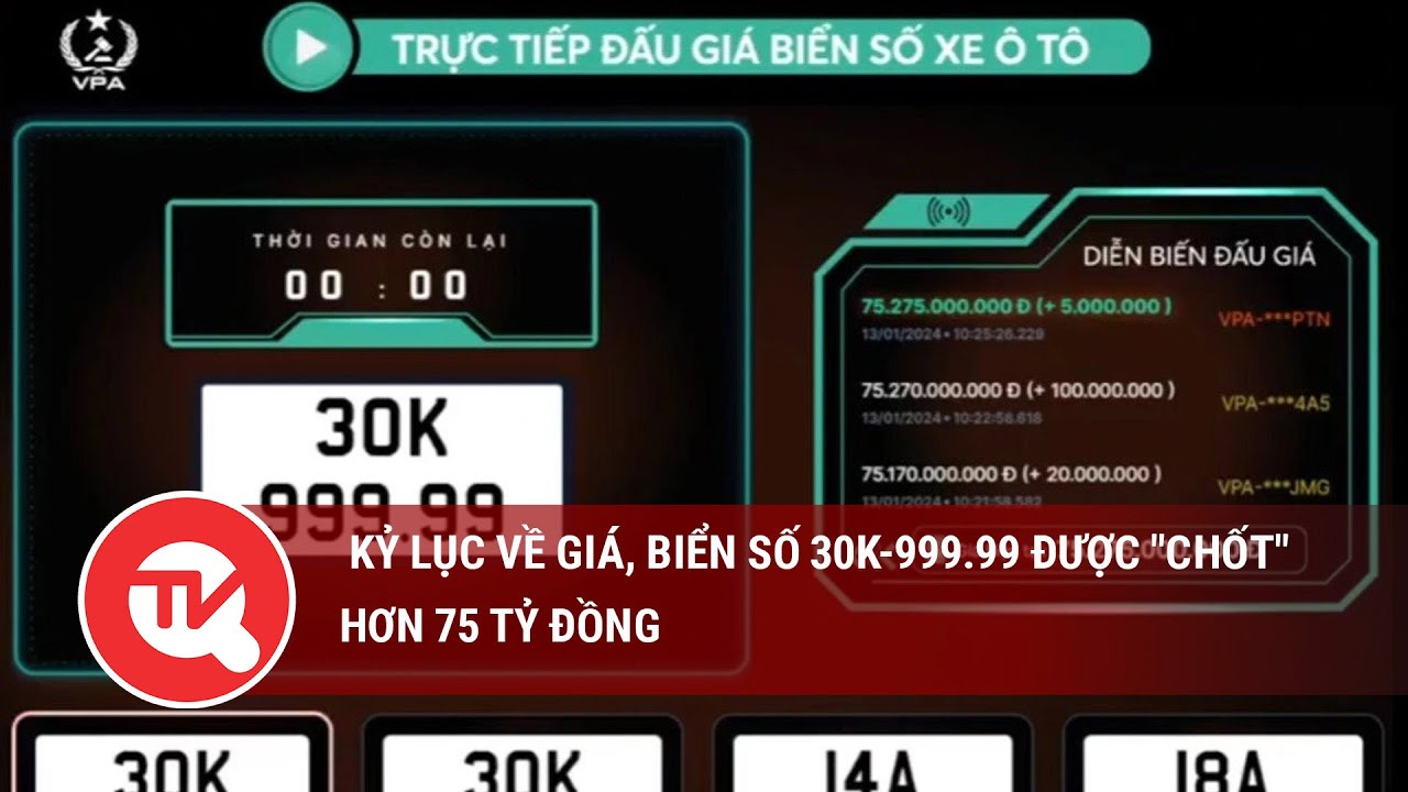 Kỷ lục về giá, biển số 30k-999.99 được "chốt" hơn 75 tỷ đồng | Truyền hình Quốc hội Việt Nam