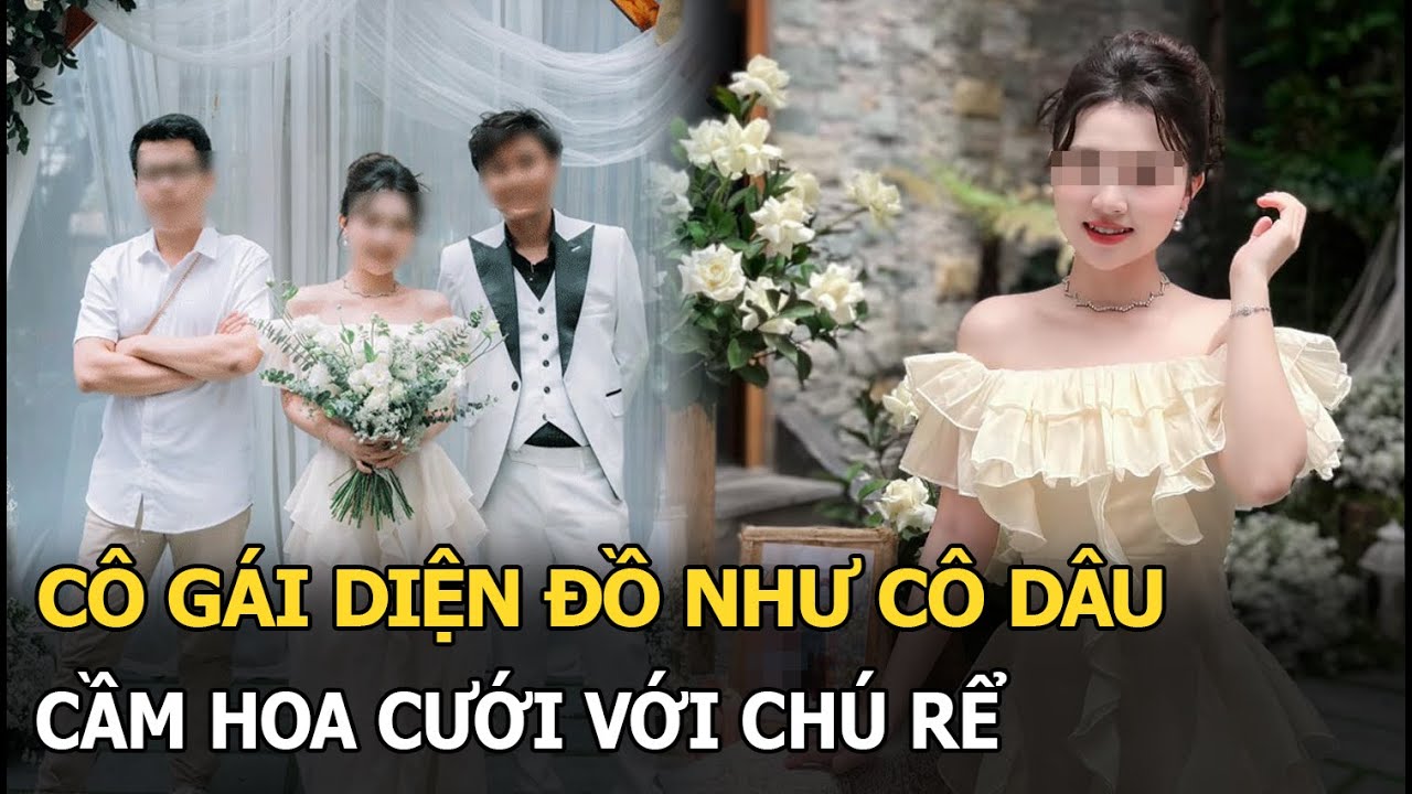 Cô gái diện đồ như cô dâu, cầm hoa cưới với chú rể