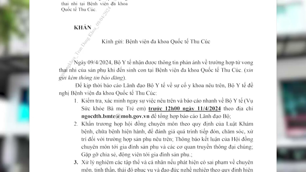 Bộ Y tế chỉ đạo làm rõ vụ thai nhi tử vong tại Bệnh viện Đa khoa Quốc tế Thu Cúc