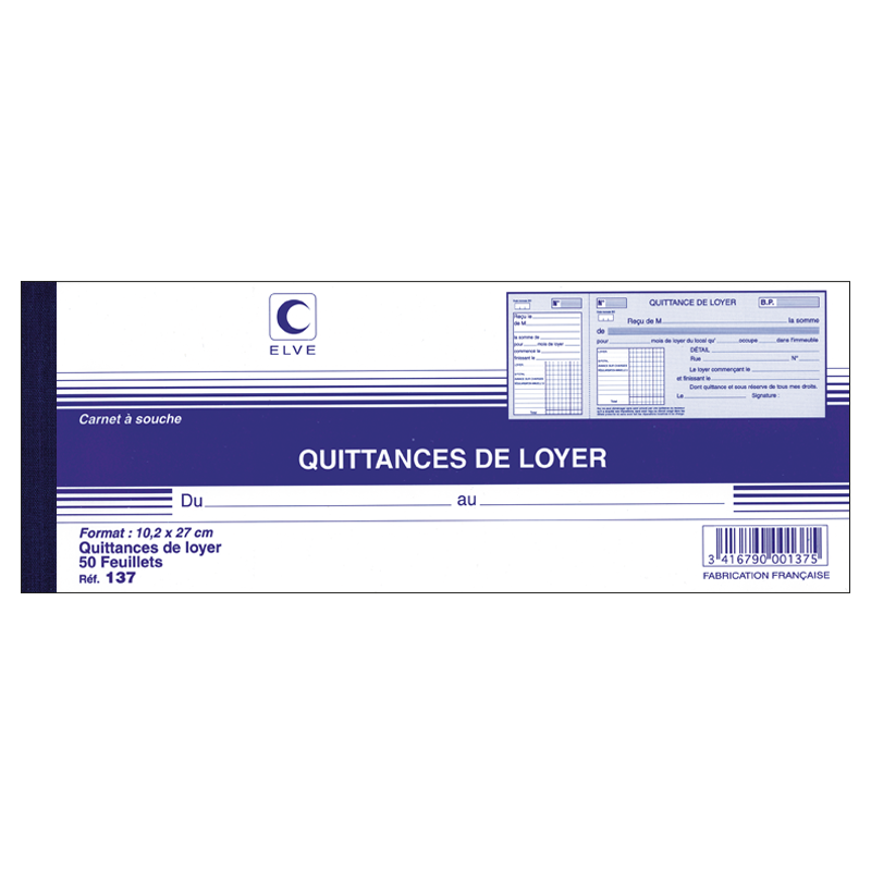 Carnet de quittances pour locataire format chéquier (talon + quittance) à  Lyon - Papeterie Gouchon