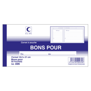 235 - Carnet à souche "Bons pour" - 105 x 210 - 50 feuillets - x10