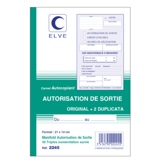 2245 - Carnet "Autorisation de sortie" - A5 - 50 tripli - x10