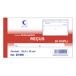 2104 - Carnet "Reçus sans TVA" - 105 x 180 - 50 dupli - x10