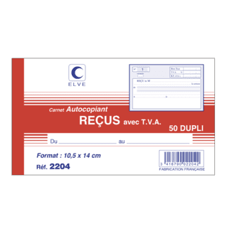 2204 - Carnet "Reçus avec TVA" - 105 x 180 - 50 dupli - x10