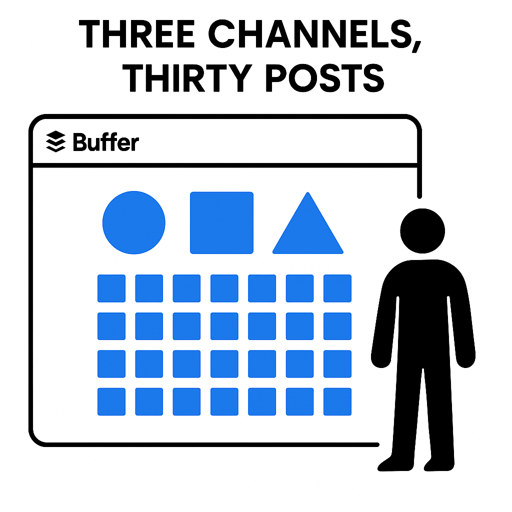 Buffer's free social media management tool dashboard showing three channels and thirty scheduled posts
