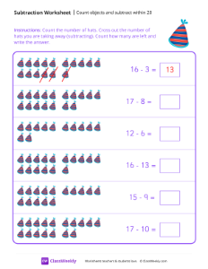 worksheet-Count-objects-and-subtract-within-20---Party-Hat
