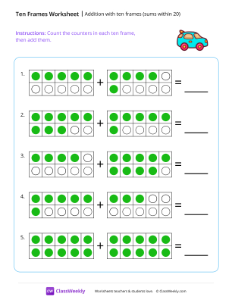 Addition with ten frames (sums within 20) - Toy car-worksheet