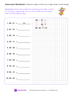 worksheet-Subtract-a-2-digit-number-from-a-2-digit-number-(no-borrowing)---Robot-Clown