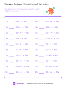 worksheet-Missing-place-value-(3-digit-numbers)---Cat-Cheer