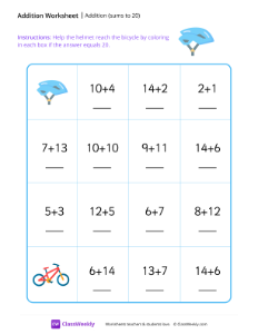 worksheet-Addition-maze-(sums-to-20)---Helmet