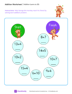 worksheet-Addition-maze-(sums-to-20)---Excited-Monkey